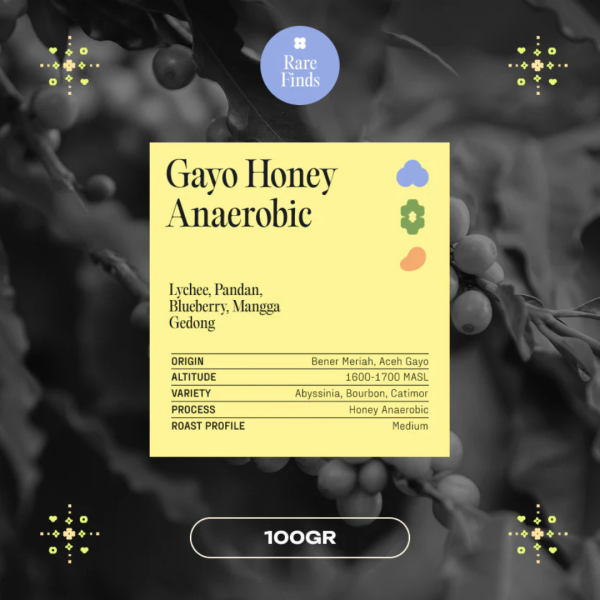 Gayo Honey Anaerobic rare finds Indonesian single origin filter coffee 100g from Aceh Gayo with lychee pandan blueberry and mango gedong flavor notes honey anaerobic process medium roast