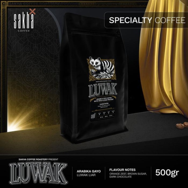 Wild Gayo Luwak specialty coffee 500g bag displayed with gold drapery backdrop