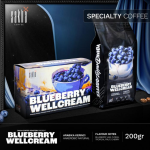 Blueberry Wellcream specialty coffee 200gr bag packaging displayed on dark set with curtain backdrop