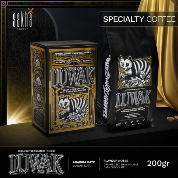 Wild Gayo Luwak specialty coffee 200g bag displayed with gold drapery backdrop