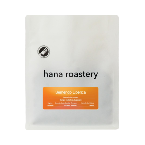 Semendo Liberica Coffee Beans — Product Pack No Background Semendo Liberica Indonesian specialty coffee beans by Hana Roastery product pack without background showing orange, snake fruit, and sugarcane tasting notes