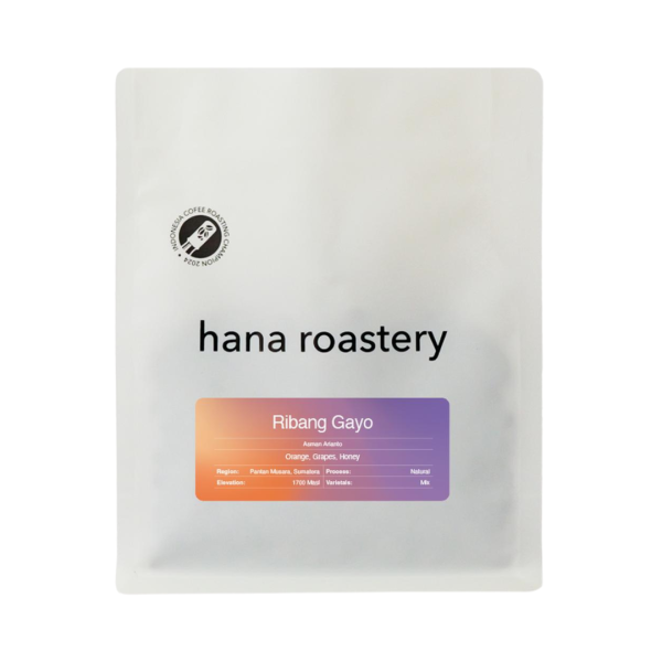Ribang Gayo Indonesian specialty coffee beans by Hana Roastery product pack without background showing orange, grapes, and honey tasting notes