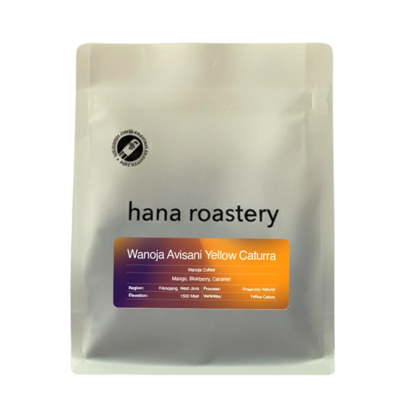 Wanoja Avisani Yellow Caturra Indonesian specialty coffee beans by Hana Roastery product pack without background