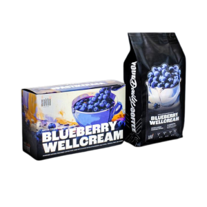 Blueberry Wellcream coffee product packaging showing box and coffee bag with blueberry illustration on white background