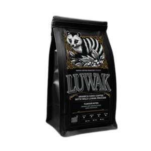 Wild Gayo Luwak coffee bag packaging with civet illustration and black gold label design