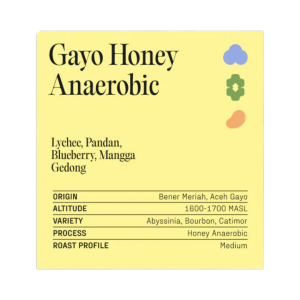 Gayo Honey Anaerobic single origin coffee label artwork showing flavor notes lychee pandan blueberry and mangga gedong with origin Bener Meriah Aceh Gayo Indonesia and honey anaerobic process