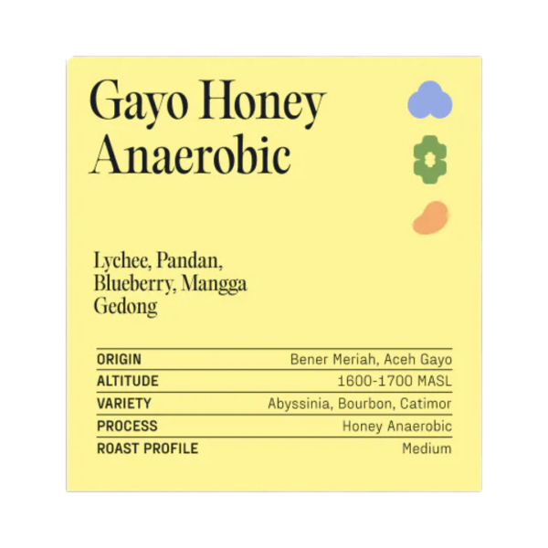 Gayo Honey Anaerobic single origin coffee label artwork showing flavor notes lychee pandan blueberry and mangga gedong with origin Bener Meriah Aceh Gayo Indonesia and honey anaerobic process