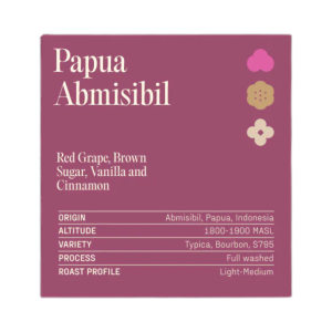 Papua Abmisibil Indonesian single origin specialty coffee label showing red grape brown sugar vanilla and cinnamon flavor notes from Abmisibil Papua Indonesia