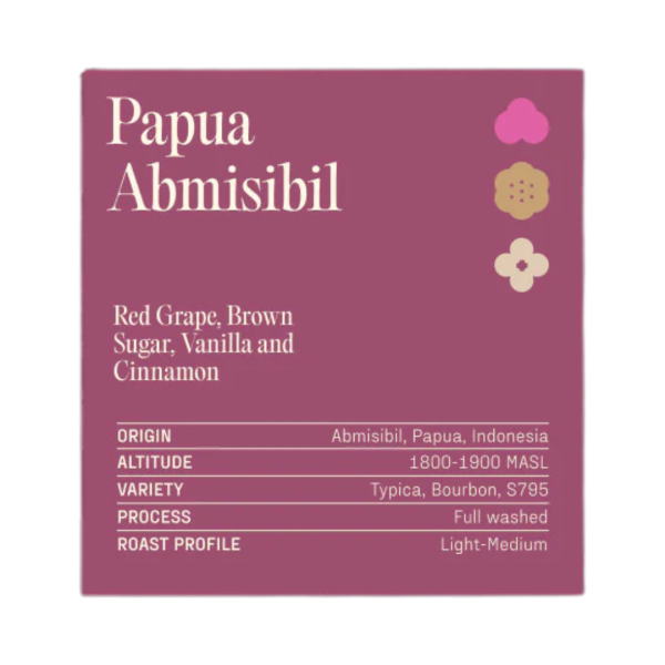 Papua Abmisibil Indonesian single origin specialty coffee label showing red grape brown sugar vanilla and cinnamon flavor notes from Abmisibil Papua Indonesia