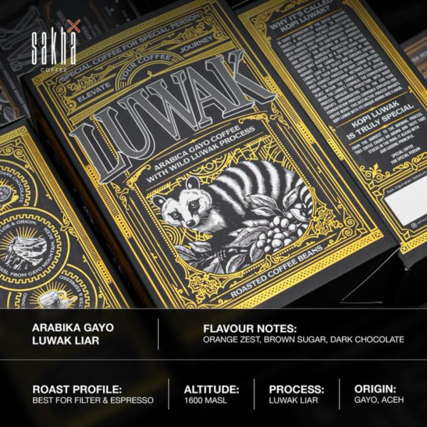 Wild Gayo Luwak coffee packaging with ornate black and gold design featuring civet illustration