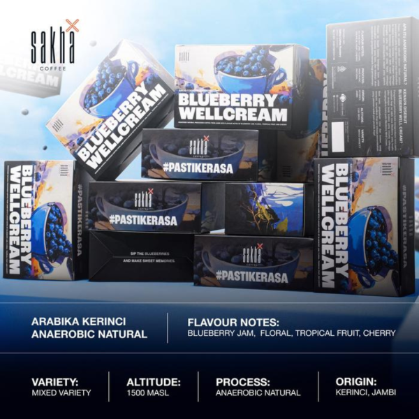 Stacked boxes of Blueberry Wellcream Arabica Kerinci anaerobic natural coffee showing packaging design and product information including flavor notes blueberry jam floral tropical fruit and cherry